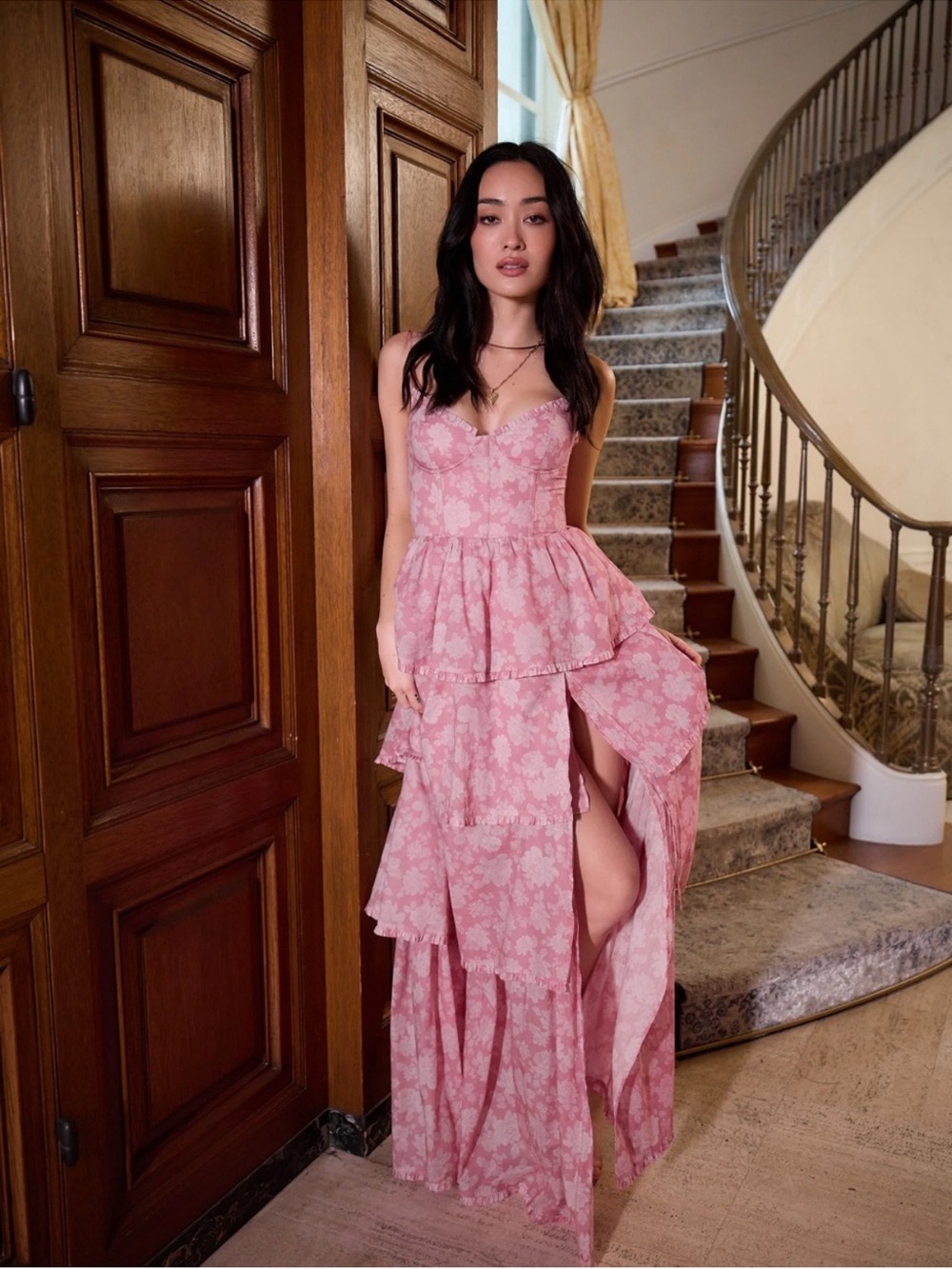 V. Chapman Caterina Pink Floral Tiered Maxi Dress with Side Slit - HEMMED
